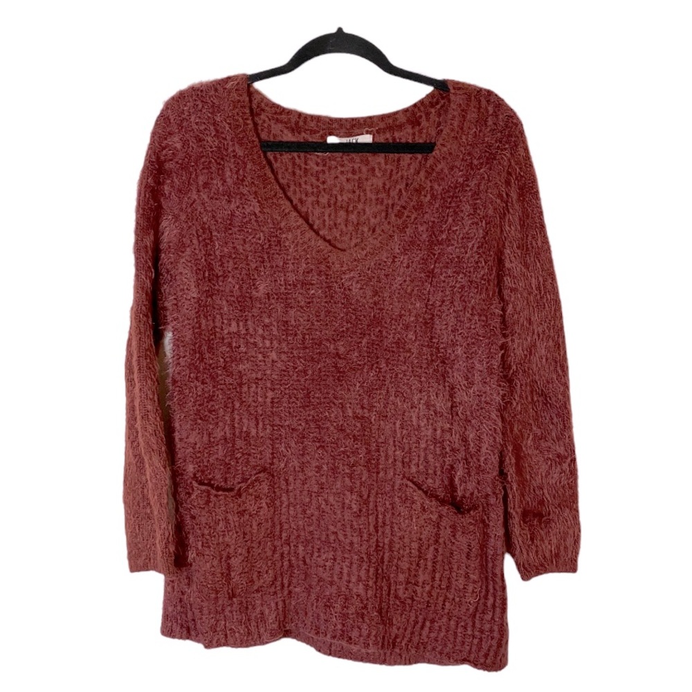 Jack by BB Dakota Deep Red Pam Eyelash Fuzzy Soft V-Neck Long Sleeve Sweater